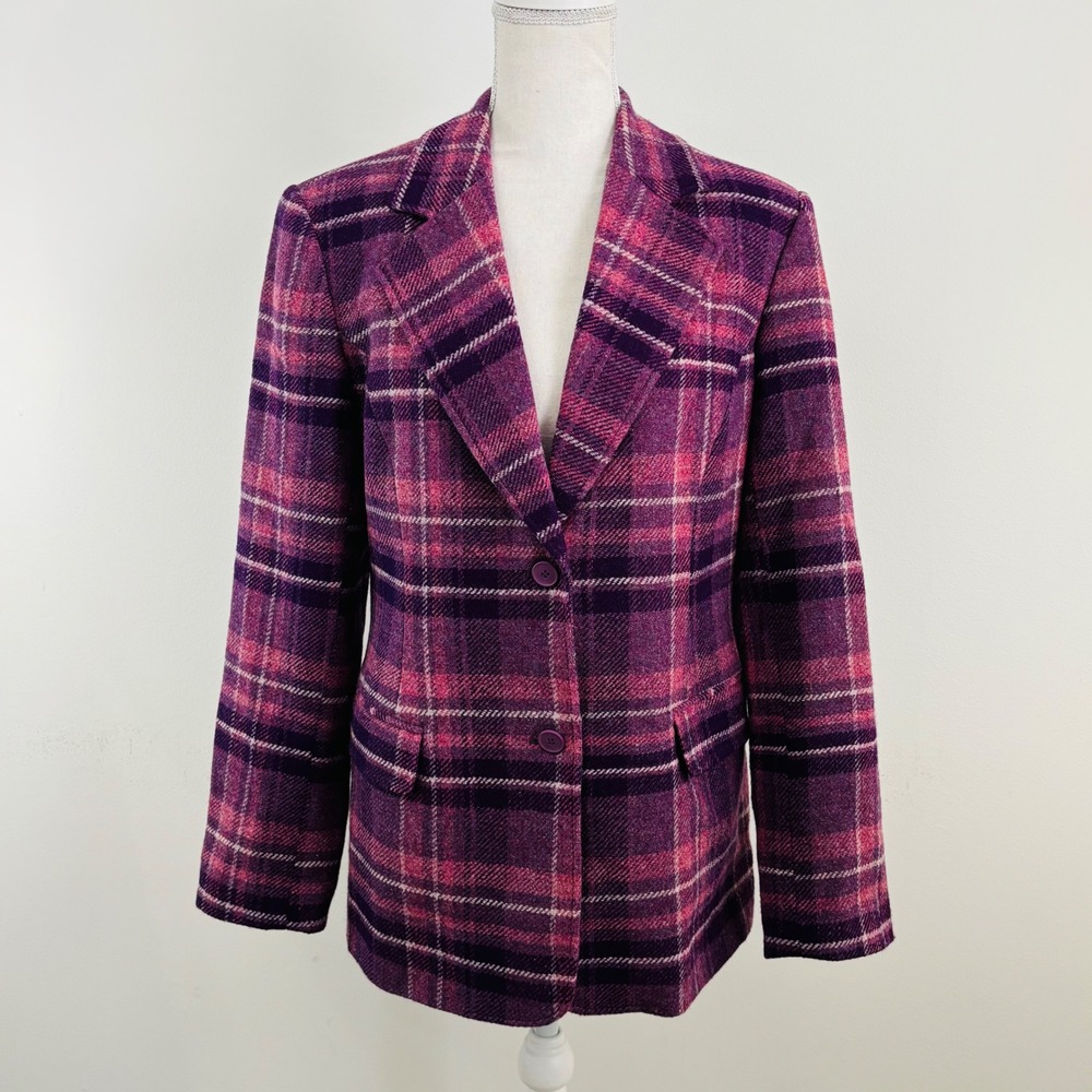 Vintage Chadwicks Women's Purple Pink Plaid 100% Wool 2-Button Blazer Jacket 8